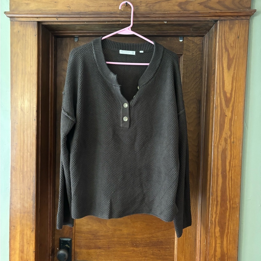 Uncharted Threads Brown Knit Henley Sweater